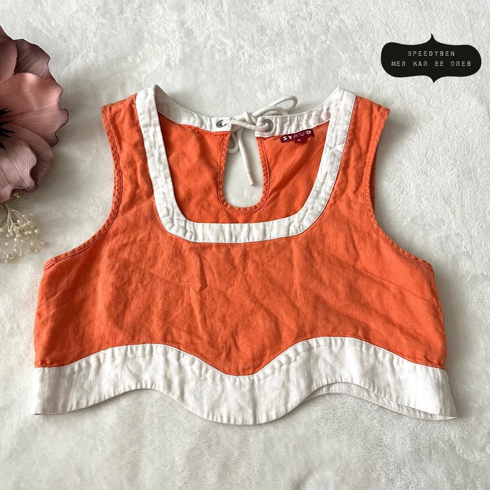 STAUD Livia Scallop Crop Top Orange Linen size Medium